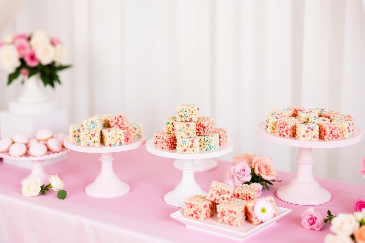 Pink and white dessert table styled with Kravin Krispy's treats