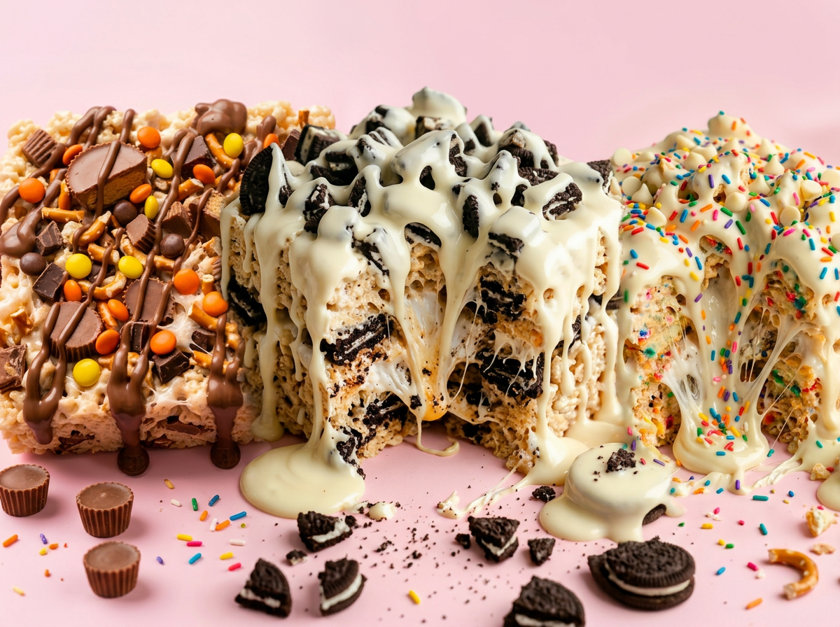 Three Kravin Krispy's treats — Peanut Butter Cup Krunch, Oreo Cookies & Cream Dream, and Birthday Cake Craze — together on a pink background with sprinkles